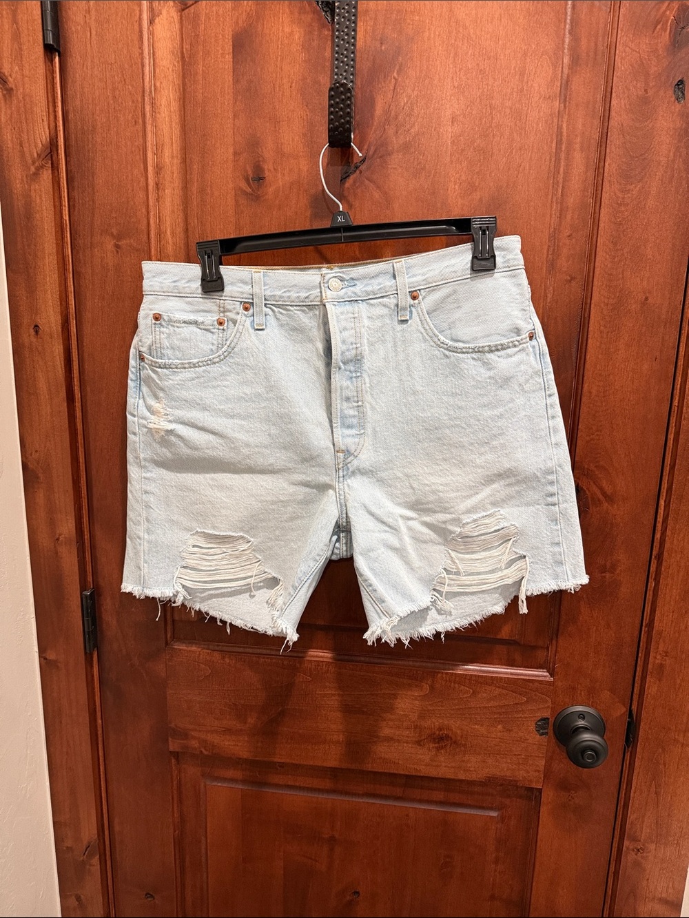 Light Blue Distressed Denim Shorts - Women